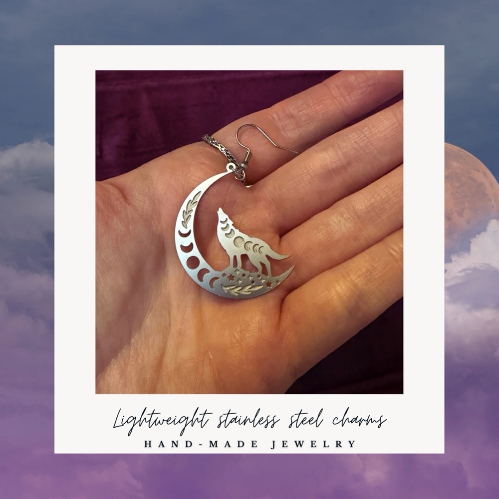 Handcrafted Silver Wolf Crescent Earrings